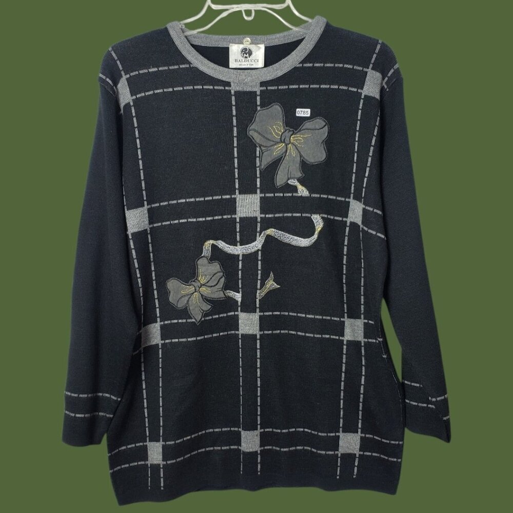 Balducci Womens Checkered Sweater With Bow Embellishments l BLK/Gray Small